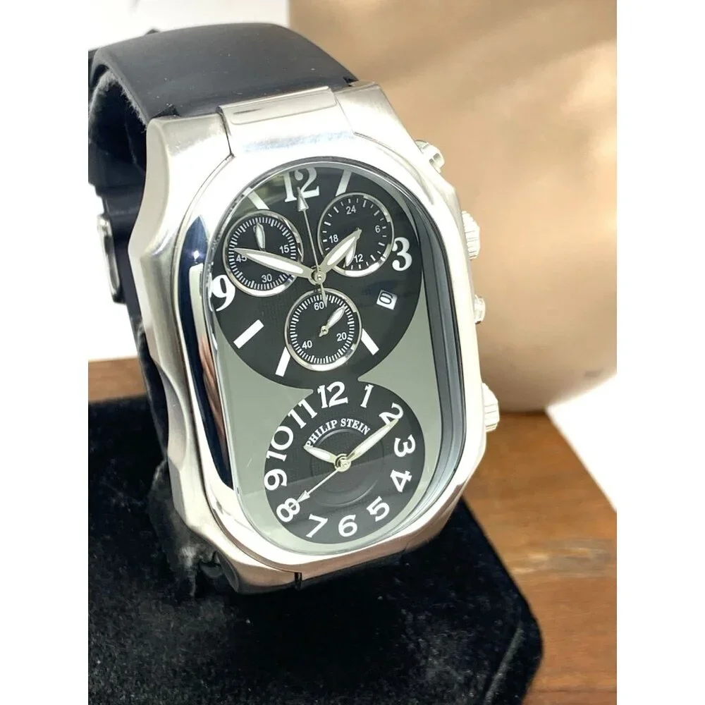 Philip Stein Men's Watch Teslar Quartz Dual Time Chronograph Leather Strap 37mm